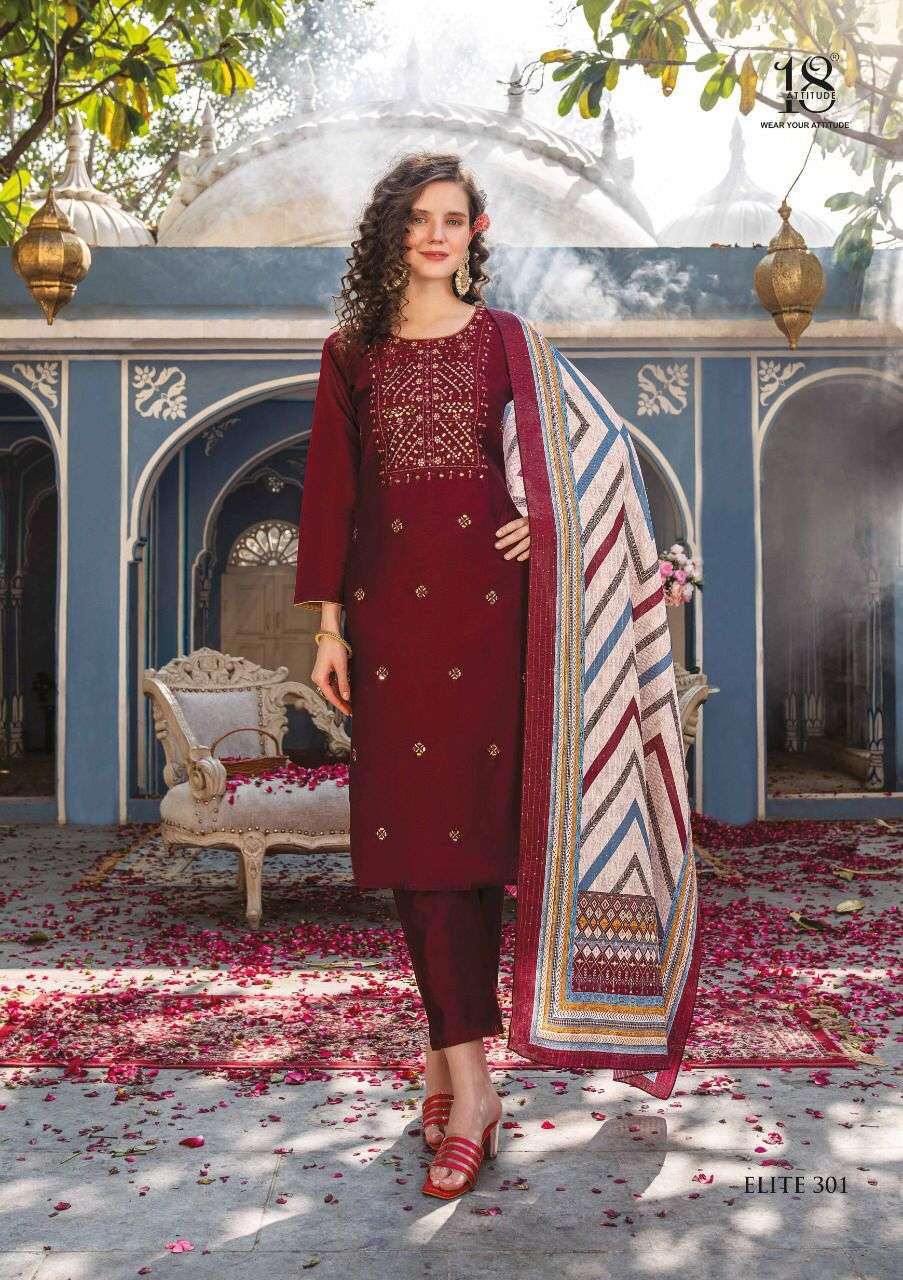 18 attitude catalogue elite vol 3 series 301 to 305 top bottom duppta readymade suits collection pure chanderi top and bottom work printed duppta 