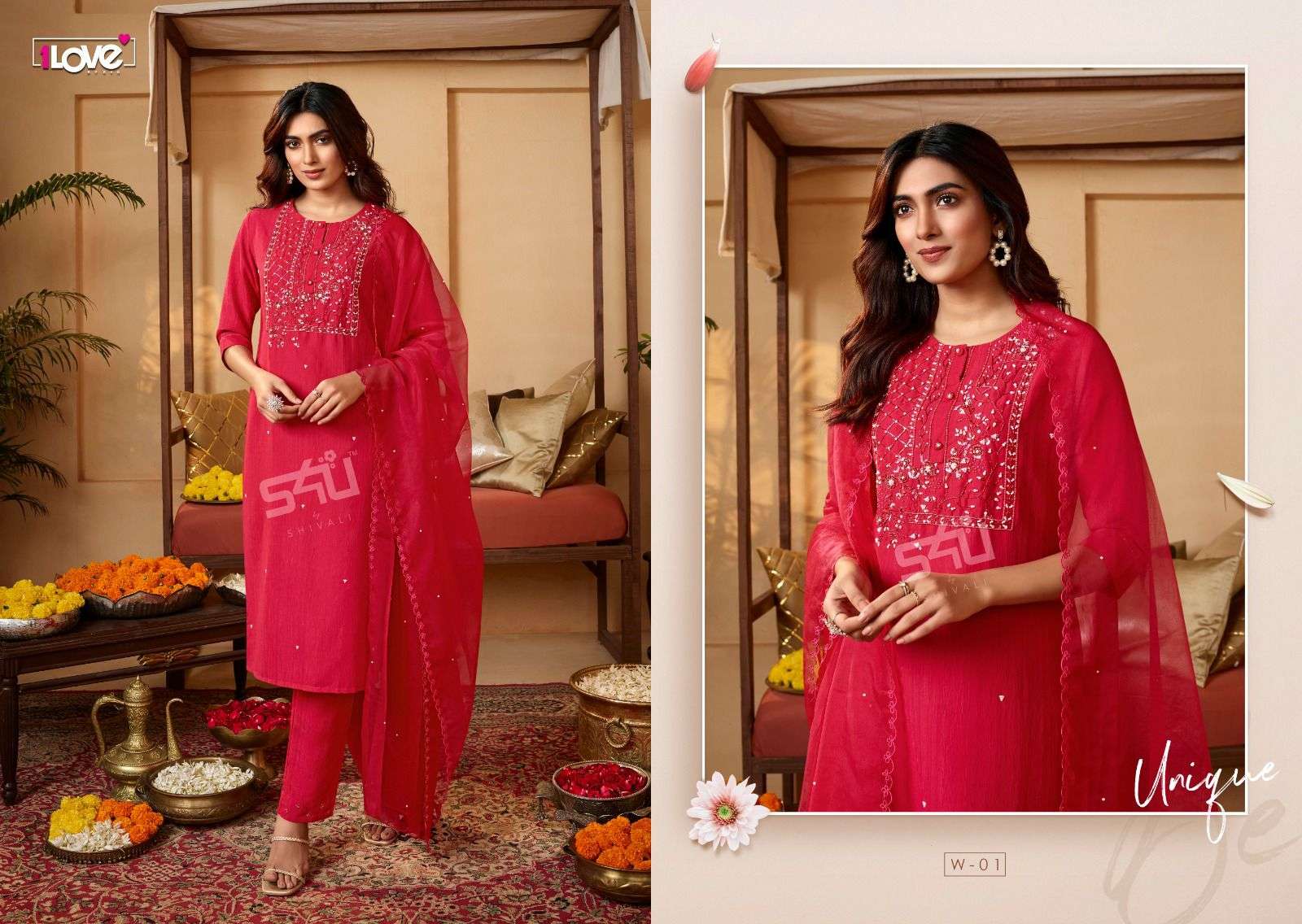 1love by s4u catalogue womaniya series w01 to w07 designer straight suit with handwork boutique style readymade collection 