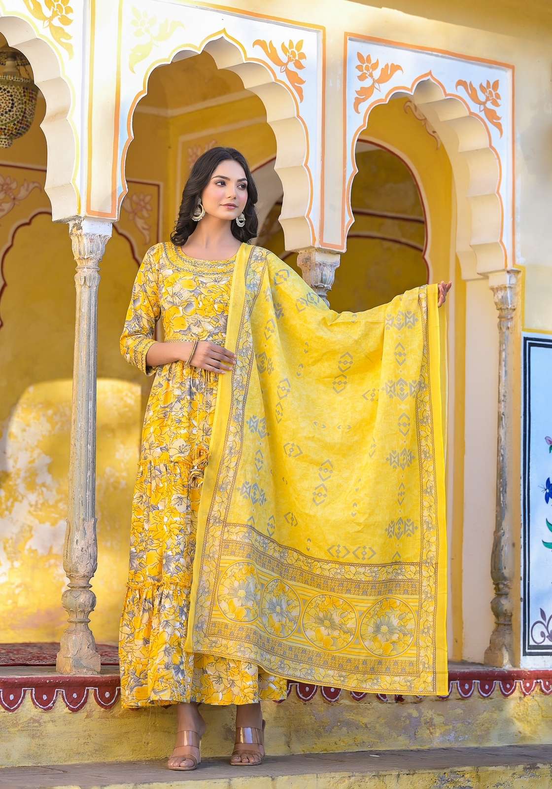 a product by maheshwari group catalogue pick and choose pure cotton printed  floor lenght gown with duppta handwork attached belt readymade dresses collection