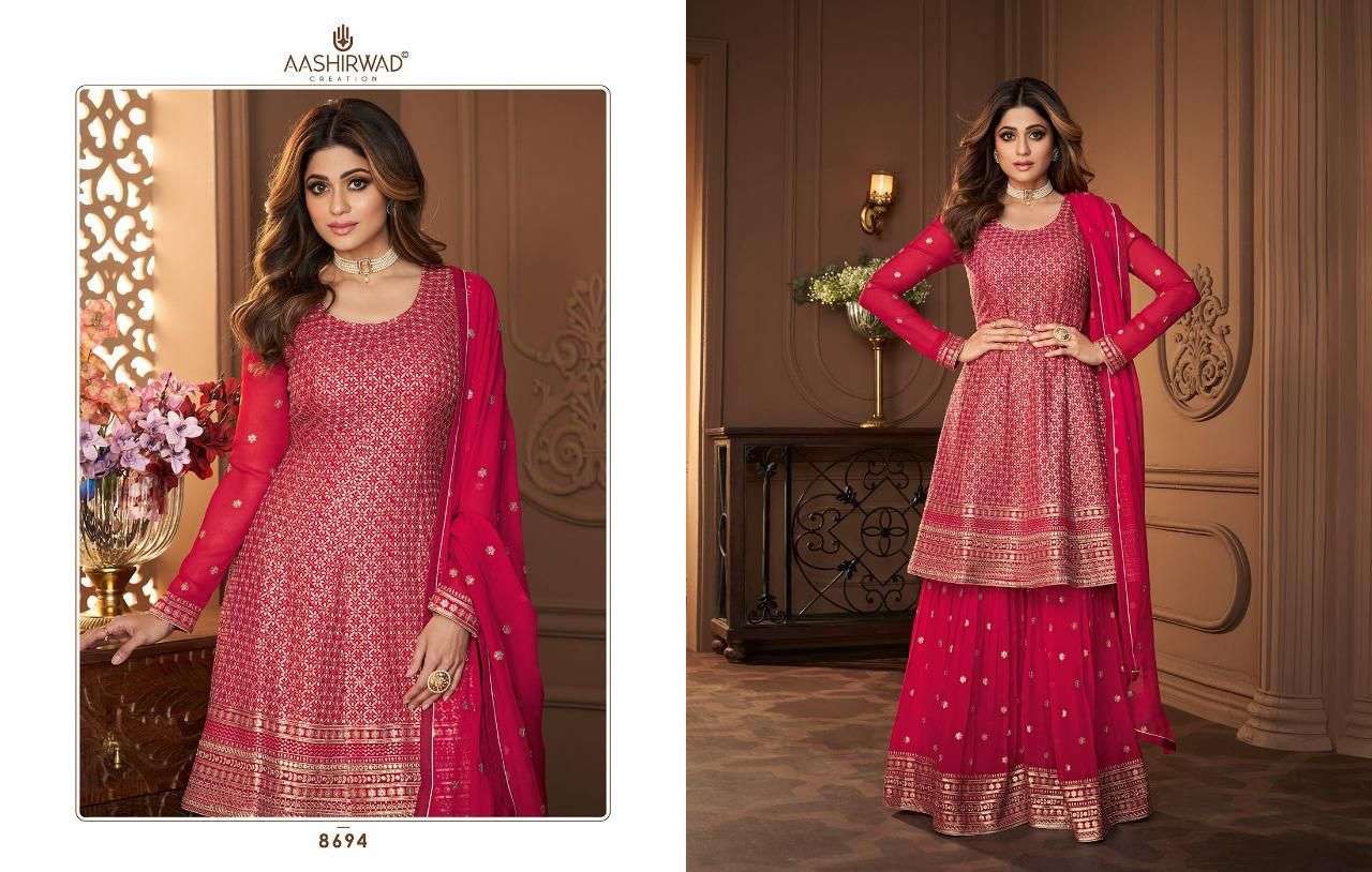 aashirwaad creation catalogue heroine series 8694 to 8697 designer partywear top with sharara suit designer traditional ethnic wear catalogue branded collection in affordable price 