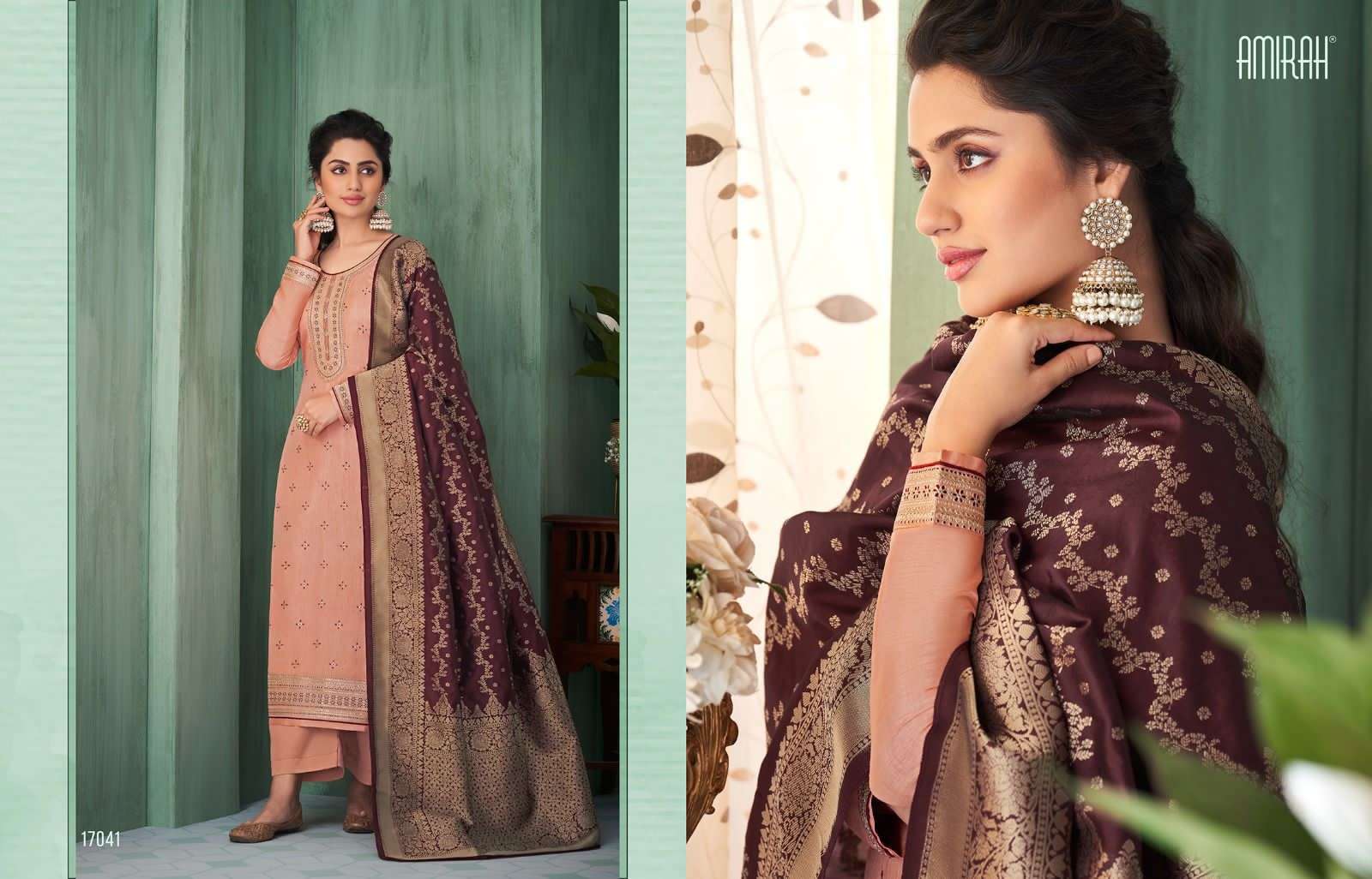 amirah catalogue noor series 17041 to 17046 designer top and plazo suit with banarasi silk duppta beautiful simple sober embroidery work partywear catalogue suits collection
