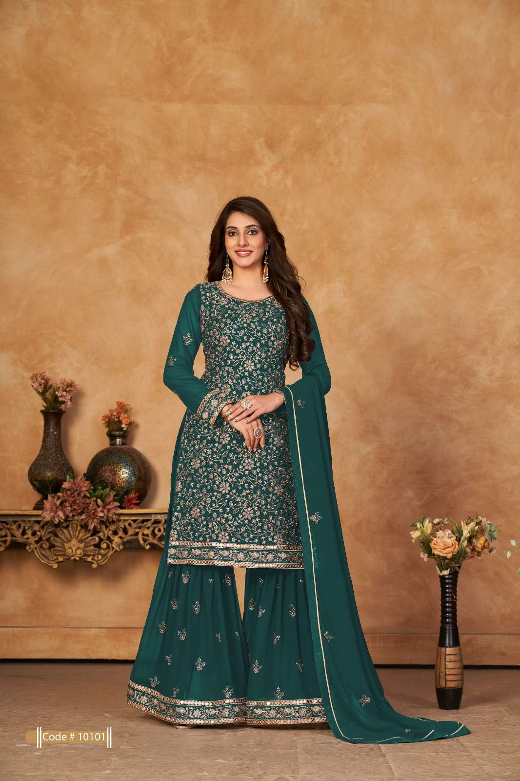 anjubaa vol 10 series 10101 to 10104 designer partywear sharara suits collection catalogue branded eid special sharara suits in affordable price 