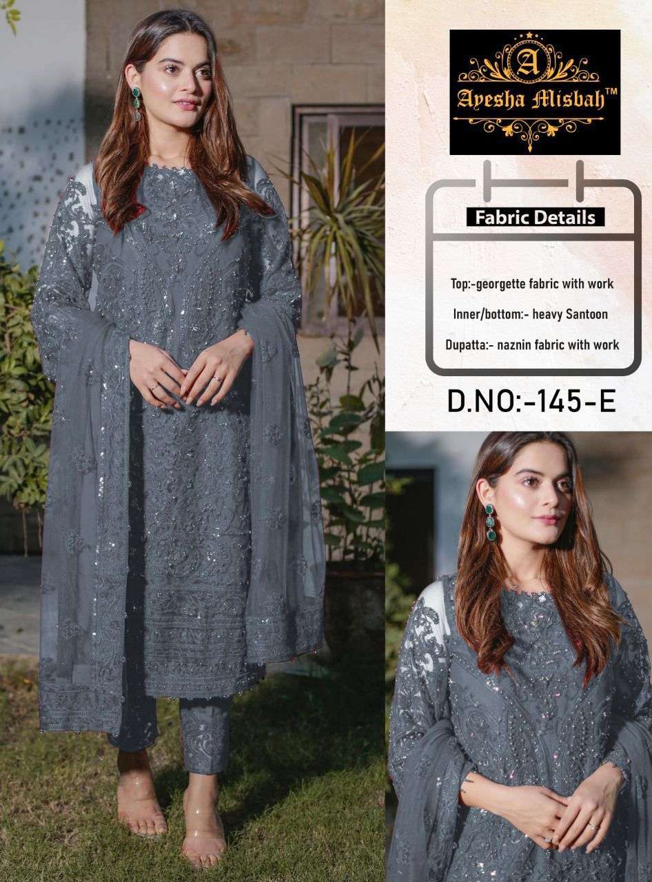 ayesha misabh pakistani concept super hit design number 145 heavy georgette fabric with heavy work on front wholesaler of pakistani suits in surat