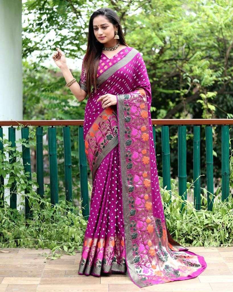 beautifull boutique series catalogue name maharani premium high qaulity comfortable bandhej silk drapes kanchipuram jari and minkari border pure bandhej silk saree 