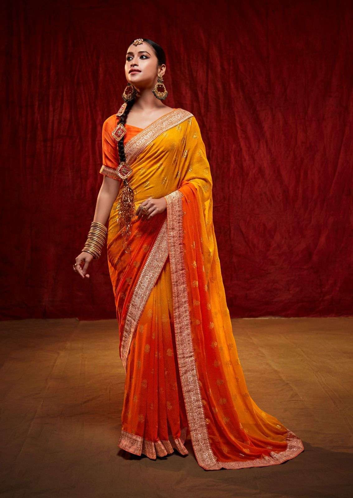 catalogue rihana ath two tone georgette fabric all over saree foil print and attached weaving border designer partywear saree indian saree collection
