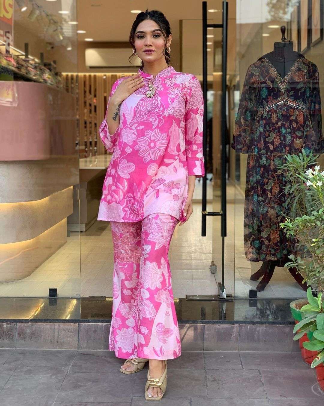 fashion season special pinky rose pure printed reyon cotton with beautifull style coord set bell bottom pant with top coord set 
