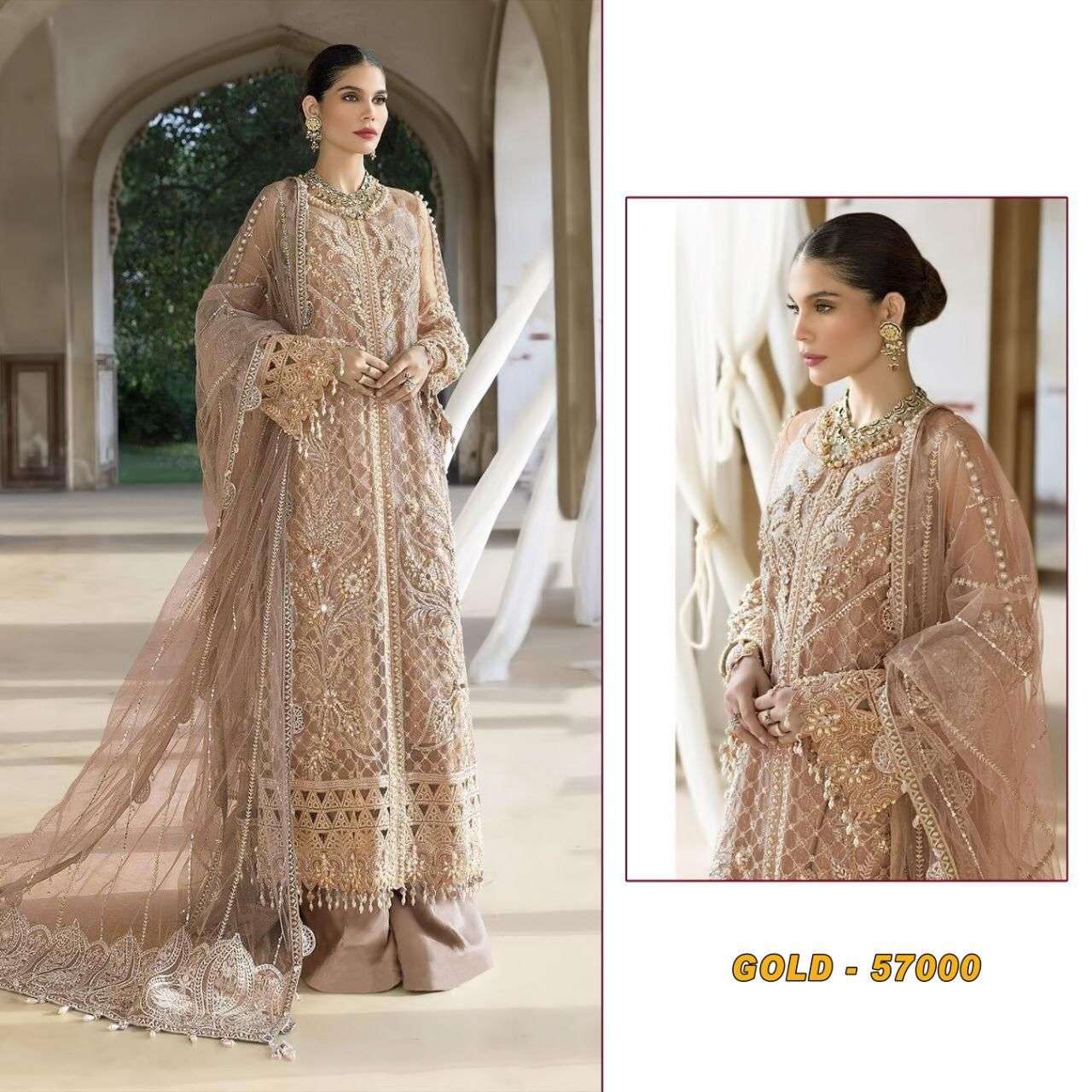 gold 57000 series pakistani concept suits soft net heavy embroidery front n back work net with heavy embroidery gold colour pakistani suit