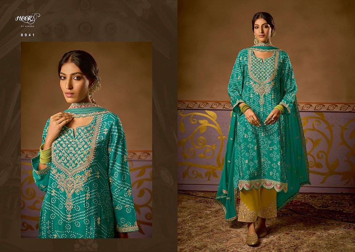 heer by kimora catalogue chand bibi festival wedding collection 2023 series 8941 to 8948 designer partywear bandhni style print dresses collection 