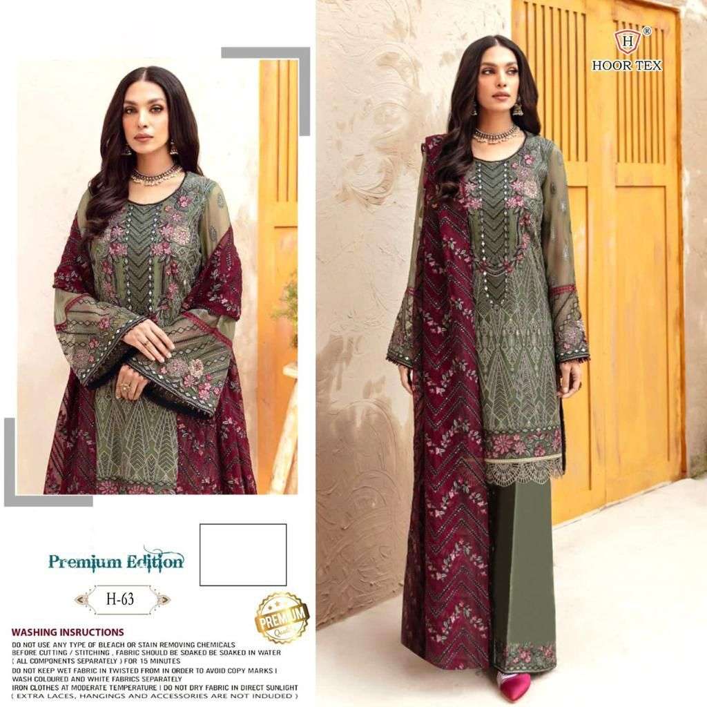 hoor tex design number h63 pakistani new concept designer heavy georgette with embroidery beautifull work sequnce and mirror work pakistani suit wholesaler of pakistani suits in surat