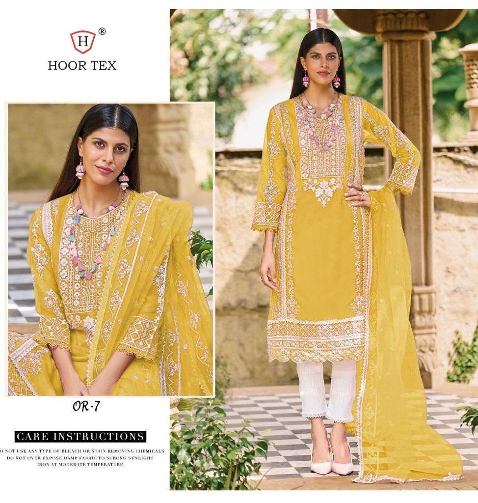 hoor tex design number or 7 heavy organza pakisatni concept suits colour yellow heavy organza with embroidery work beautifull sequnce work wholesaler of pakistani suits in surat 