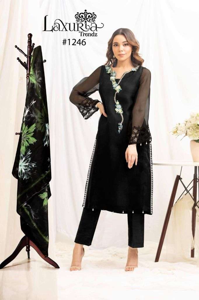 laxuria trendz new handwork collection on organza kurtie with pant n digital print duppta design number 1246 pakistani readymade dresses collection