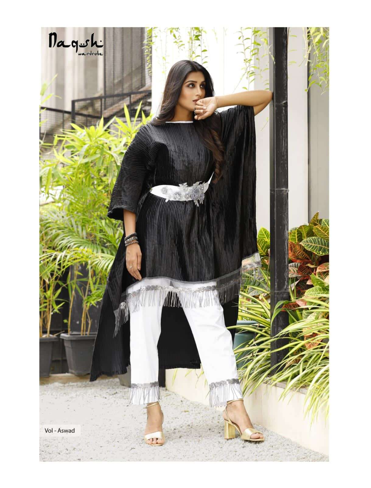 naqsh wardrobe aswad vol1 rich satin pleated kaftan with sequenced lace decor designer stylish indowestern kaftan with pant collection 
