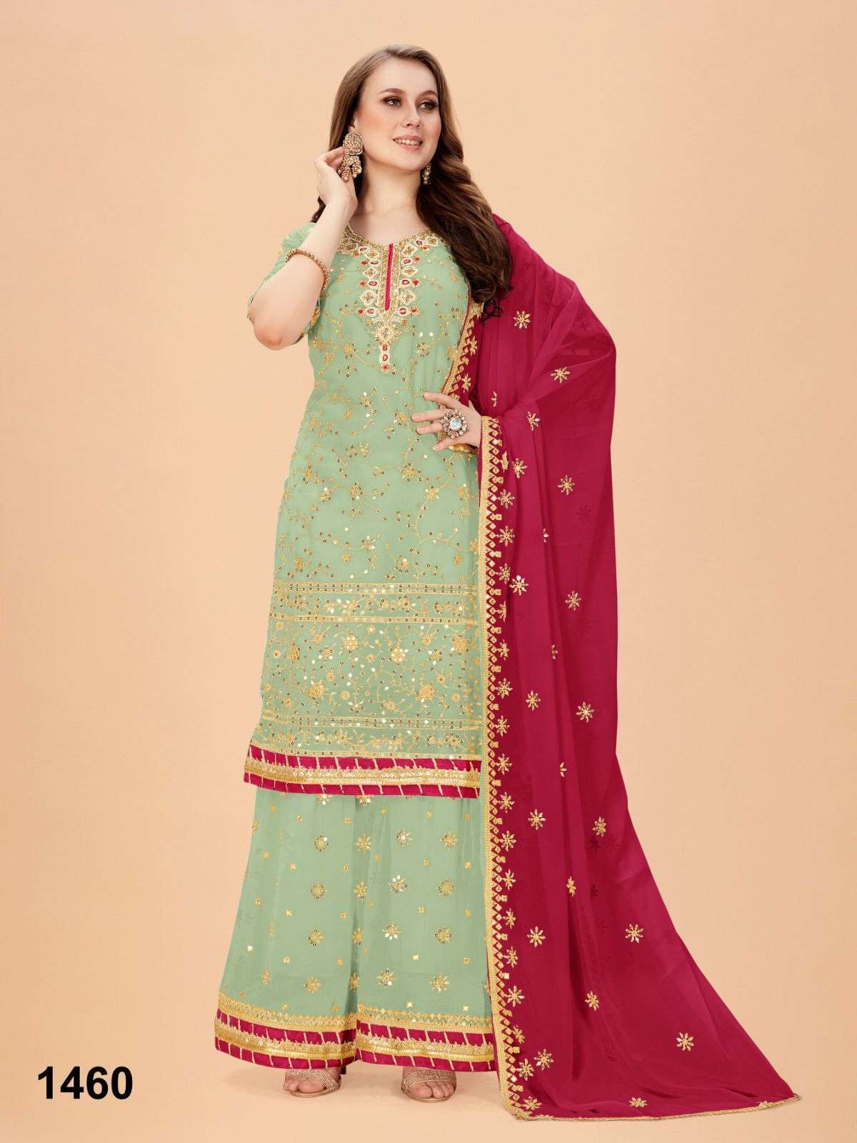 nazneen catalogue saumya series 1460 to 1464 top and plazo full embroidery partywear gharara suits heavy faux georgette 5 mm sequnce inner linning joint dress