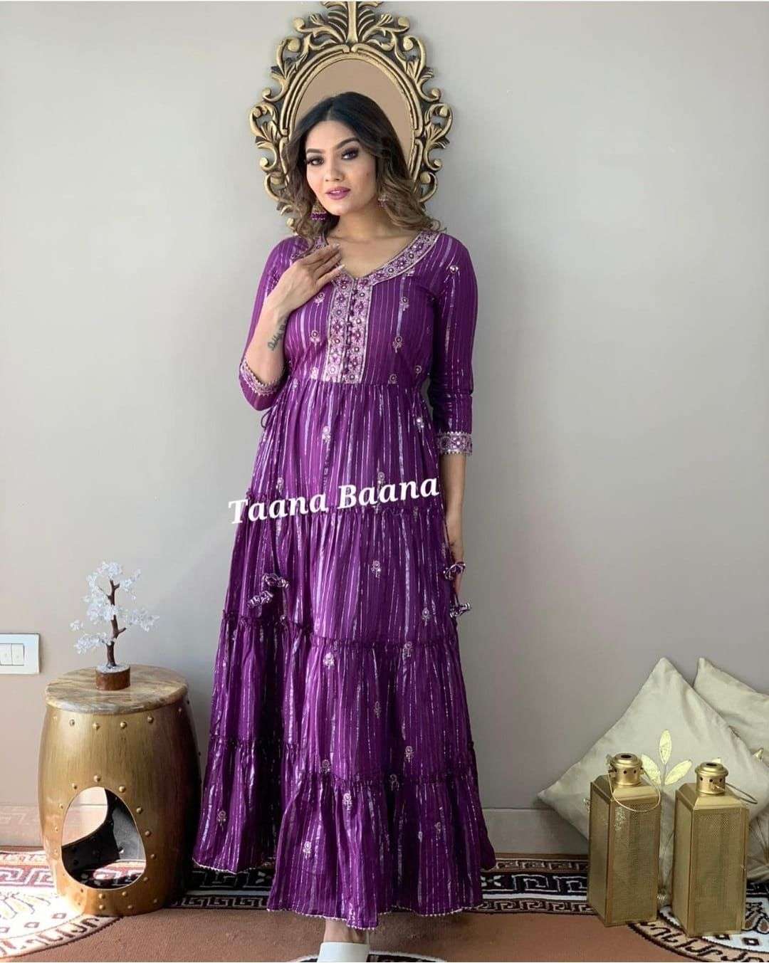 new lurex handwork  pure cotton lurex fabric gown with attached with pure cotton sulv beautifull handwork on neck frills gown collection