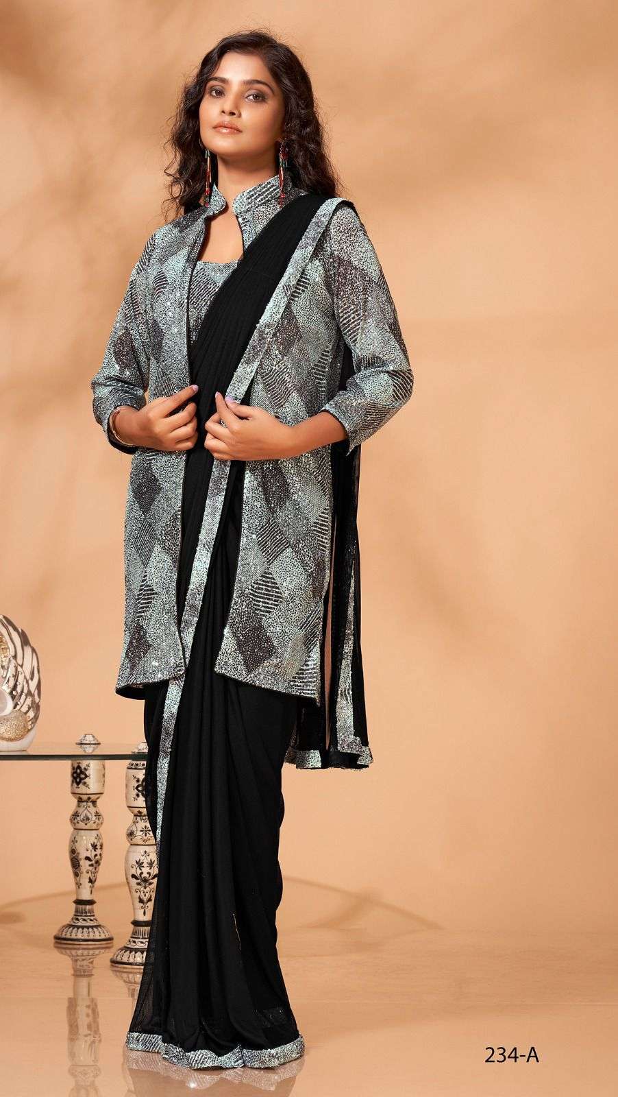 readymade saree design number a234 ready to wear saree with designer blouse and long jacket stylish partywear black colour ready to wear saree