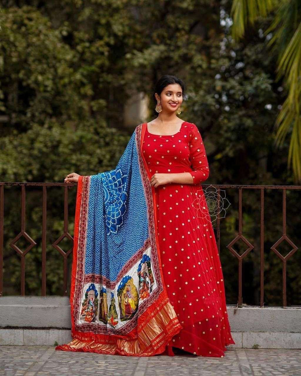 red sequnce maxi with beautifull with radhe krishna figure duppta georgette sequnce with maxi dress finely figure duppta with combination of bandhani texture designer gown with duppta 