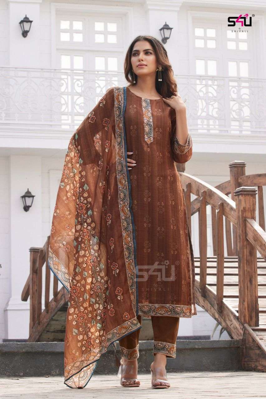 s4u catalogue kantha series ka01 to ka06 kurta with pant and duppta collection straight readymade suit designer by s4u collection