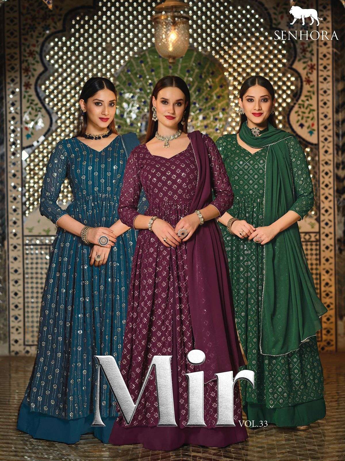 senhora dresses catalogue senhora mir vol 33 series 2046 to 2049 designer partywear anarkali dresses partywear suits full embrodiery top with plazo and duppta wholesaler of catalogue suits in surat