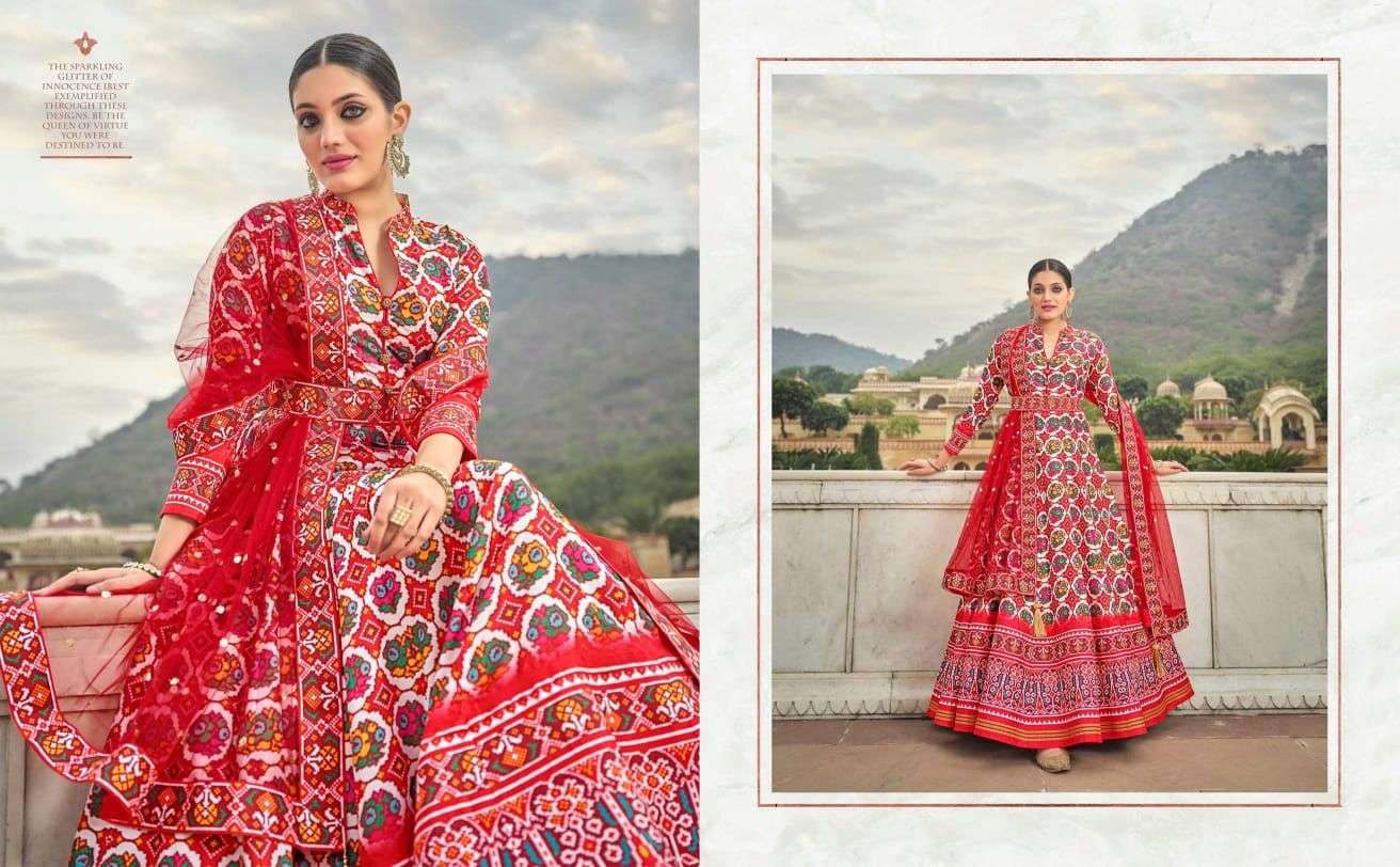 virasat vol patola series 9001 to 9006 designer gown with patola print and dressing colour combination and designer look and handwork bottom full flair patola print gown