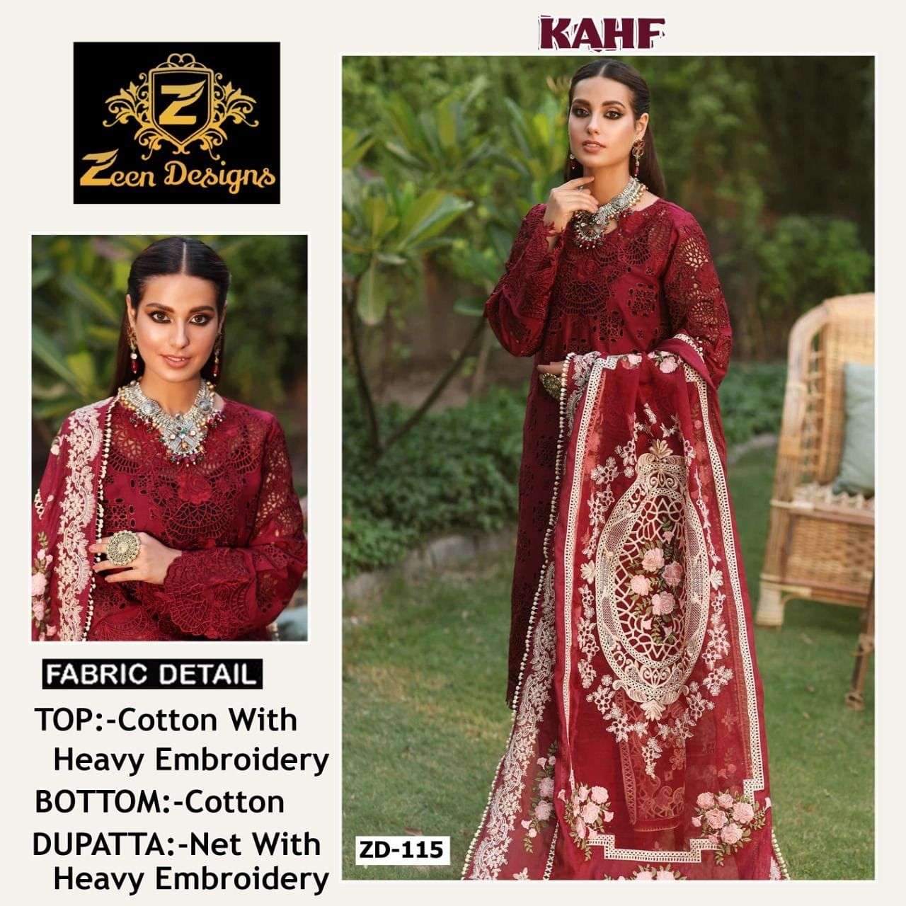 zeen design catalogue kahf design number zd 115 red colour pakistani suits cotton heavy embroidery wholesaler of pakistani suits in surat 