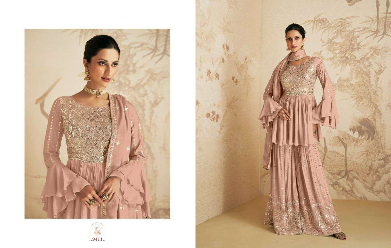 aa elan design number 9411 designer partywear sharara suit eid collection