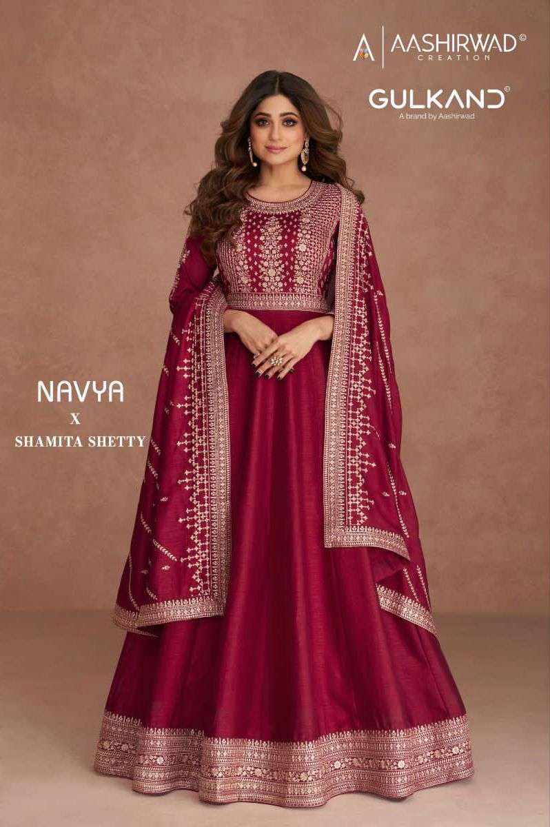 aashirwaad creation catalogue navya x shamita shetty series 9517 to 9521 designer partywer anarakali gown style suit 