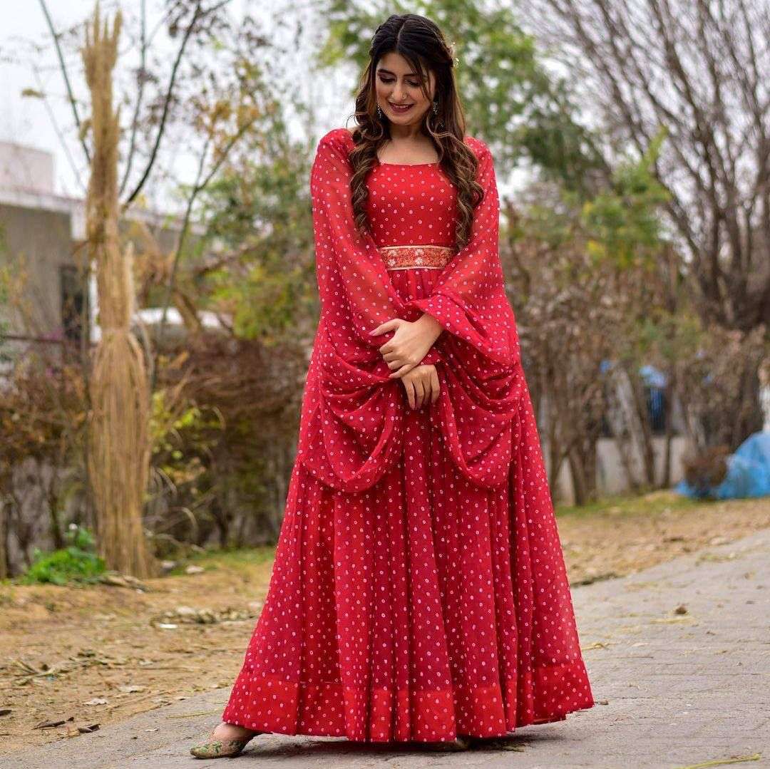 bandhej belt georgette maxi dress with belt on waist designer stylish bandhej print full flair gown in affordable price