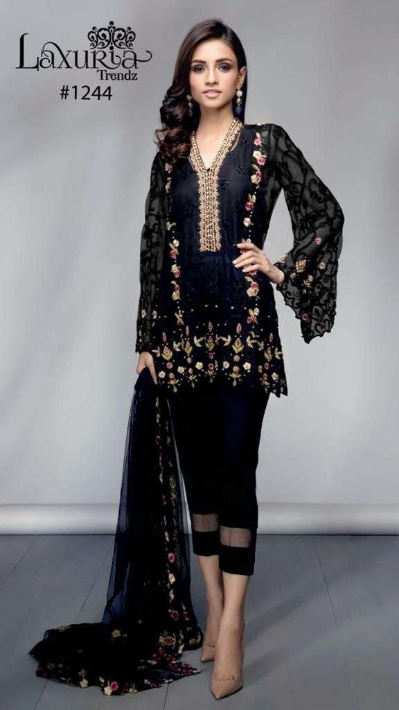 laxuria trendz design number 1244 in black colour kurtie pant with duppta pakistani readymade suits collection