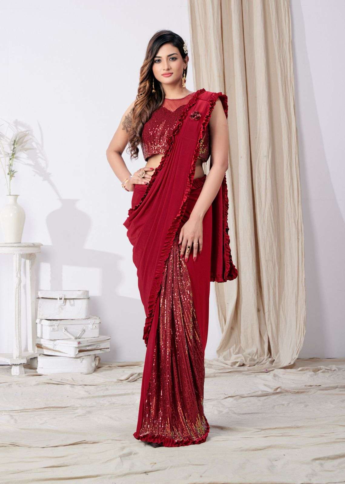 readymade saree design number 101790 saree imported fabric with sequnce work in plates ready to wear saree 