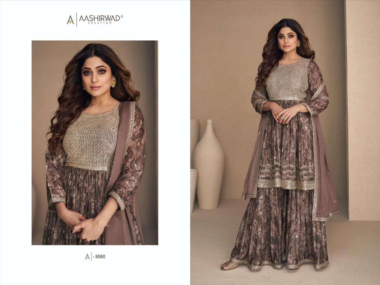 aashirwaad creation catalogue flower series 9560 to 9564 designer stylish heavy sharara suits collection catalogue branded in affordable price