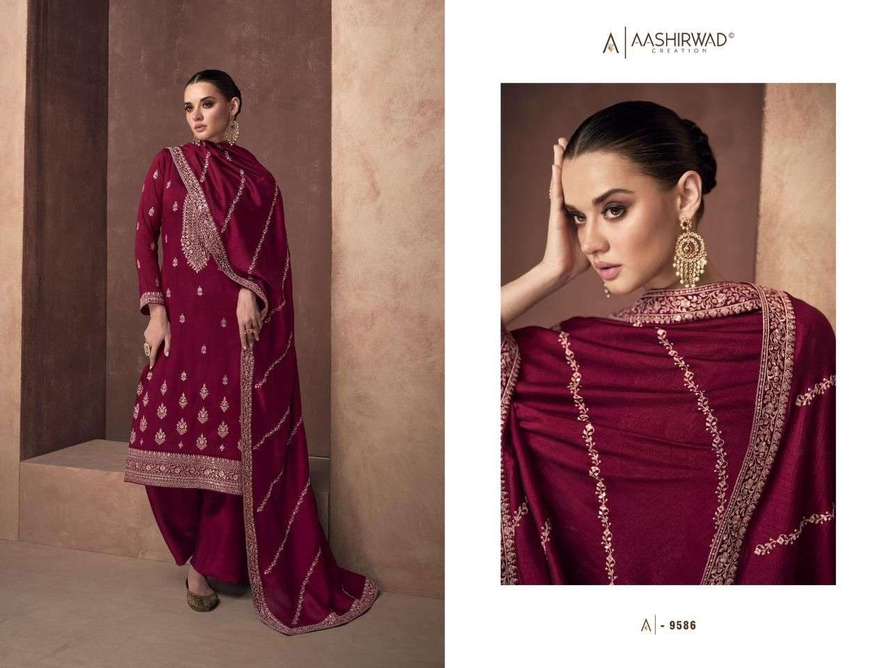 aashirwaad creation gulkand catalogue zaha series 9582 to 9586 designer stylish partywear catalogue suits collection in affordable price 