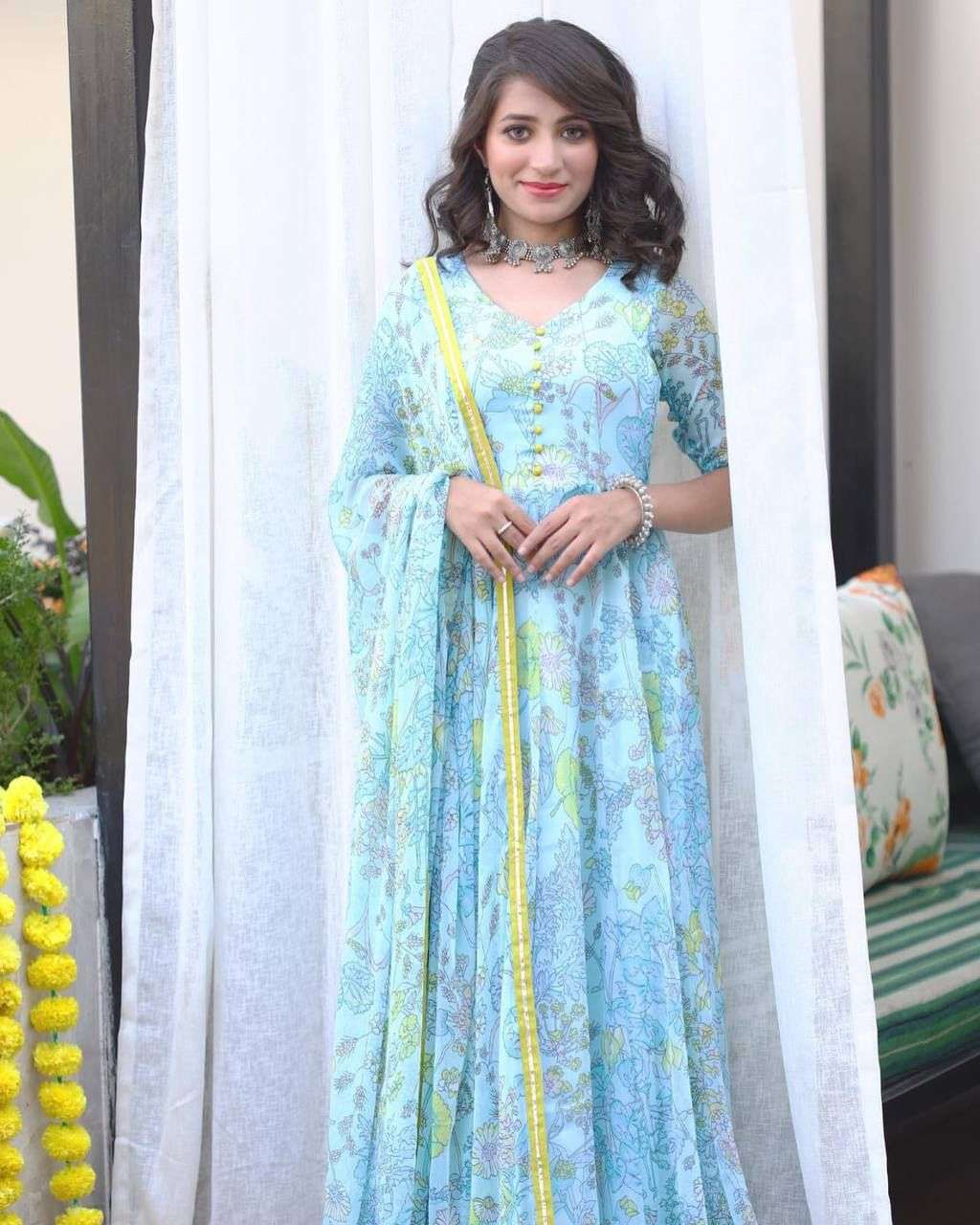 eid special sale blue and yellow floral suit the beautifull floral anarkali readymade gown printed fabric in affordable price