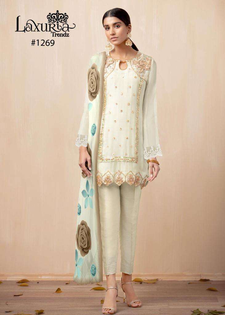 laxuria trendz kurtie with pant and duppta set design number 1269 attractice neck with cut work kurtie pakistani readymade suits collection in affordable price