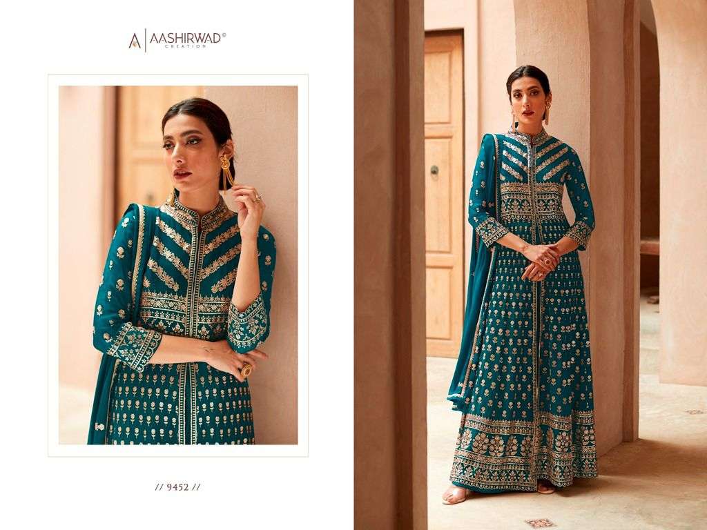 aashirwaad creation catalogue anaya 9451 to 9454 designer partywear heavy embroidery suits collection 