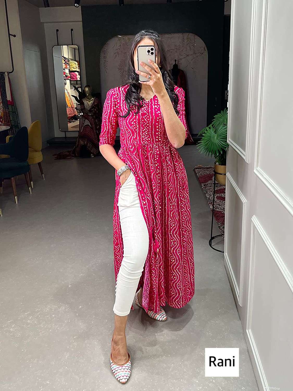 bandhej half sleeves long gown with nyra cut reyon bandhani print nyra cuit kurtie in best price for summers
