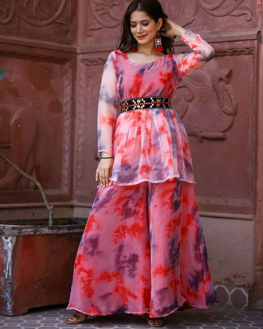 design number 027 fusion and fashion indowestern stylish girlish Top with belt and plazopant collection 