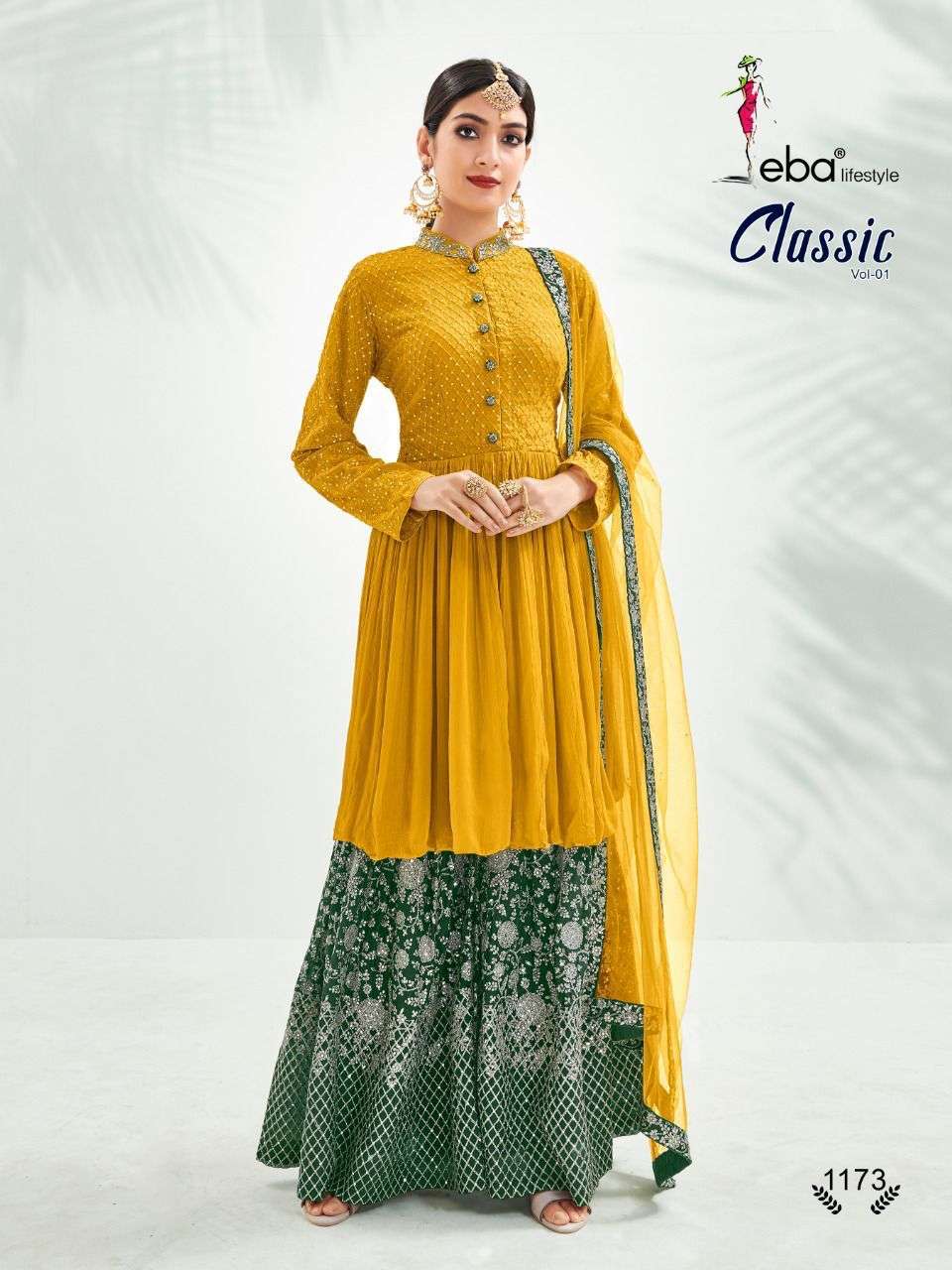 eba lifestyle catalogue classic vol 1 series 1173 to 1176 designer partywear contrast colour sharara and top suits collection
