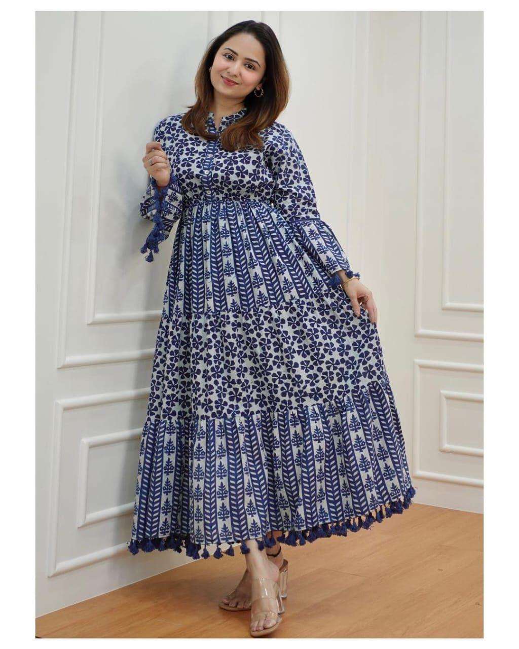 indigo colour blue gown kurtie dress comfortable cotton gown full flair cotton printed gown for summers with pom pom lace on it 