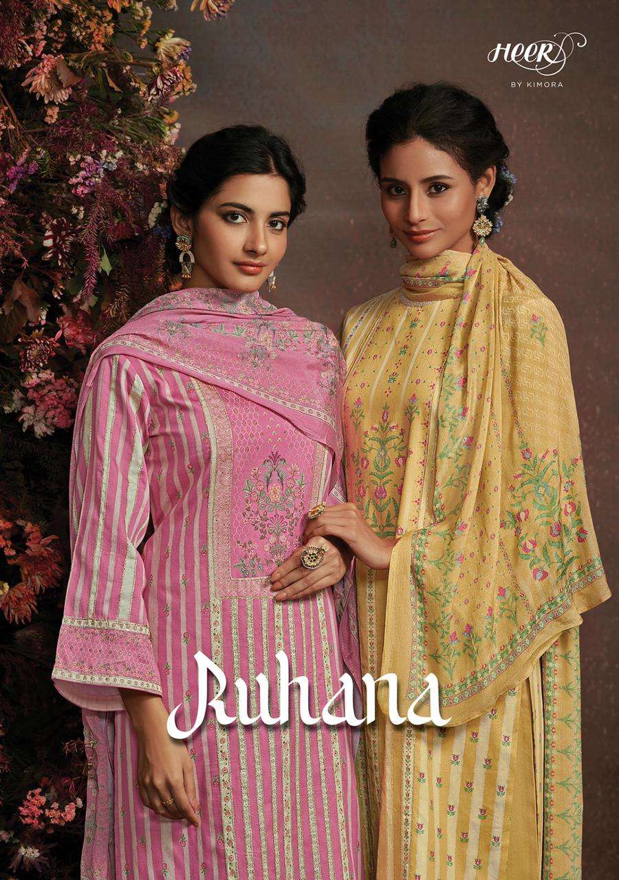 kimora heer 150 catalogue ruhana series 9061 to 9068 pure cotton satin partywear dress material for summers catalogue brand collection