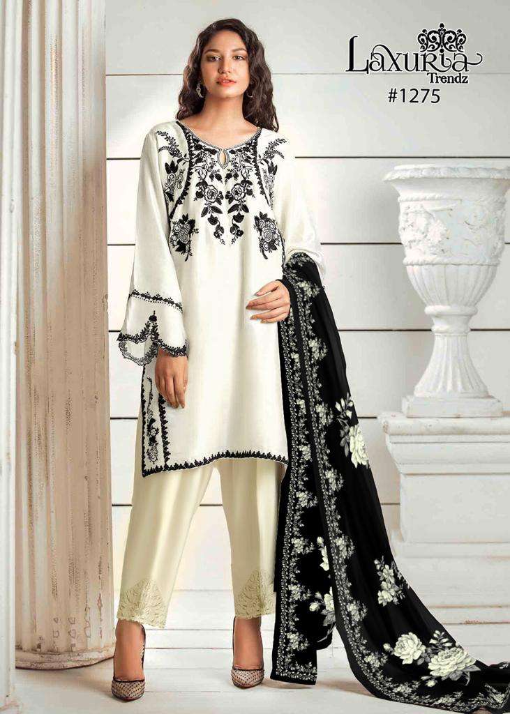 laxuria trendz design number 1275 kurtie with pant and duppta readymade pakistani suit in white with black embroidery readymade pakistani suits collection