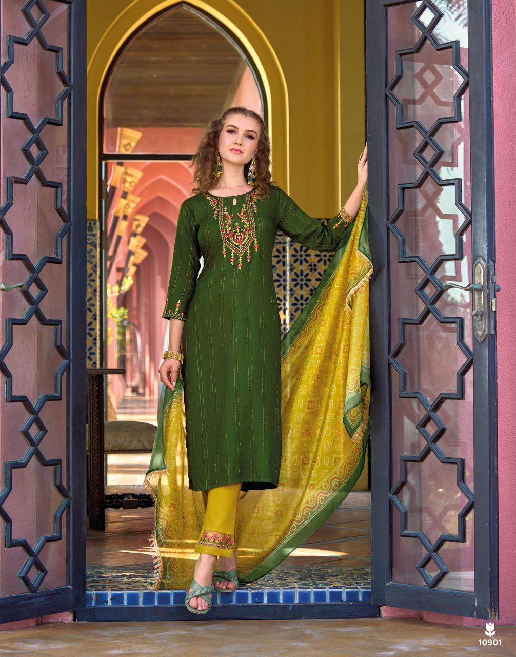 lily n lali catalogue bandhej series 10901 to 10906 handwork stylish readymade kurtie with pant and duppta 