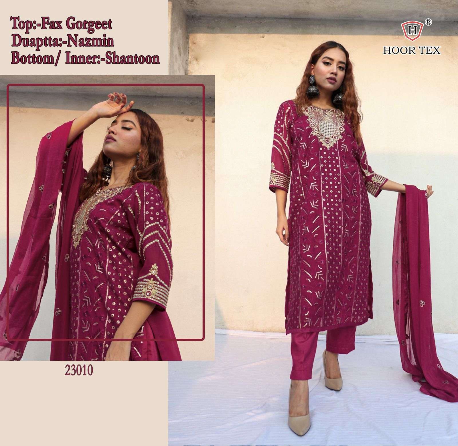 pakistani suit design number 23010 wine colour partywear with heavy embroidery pakistani suits collection