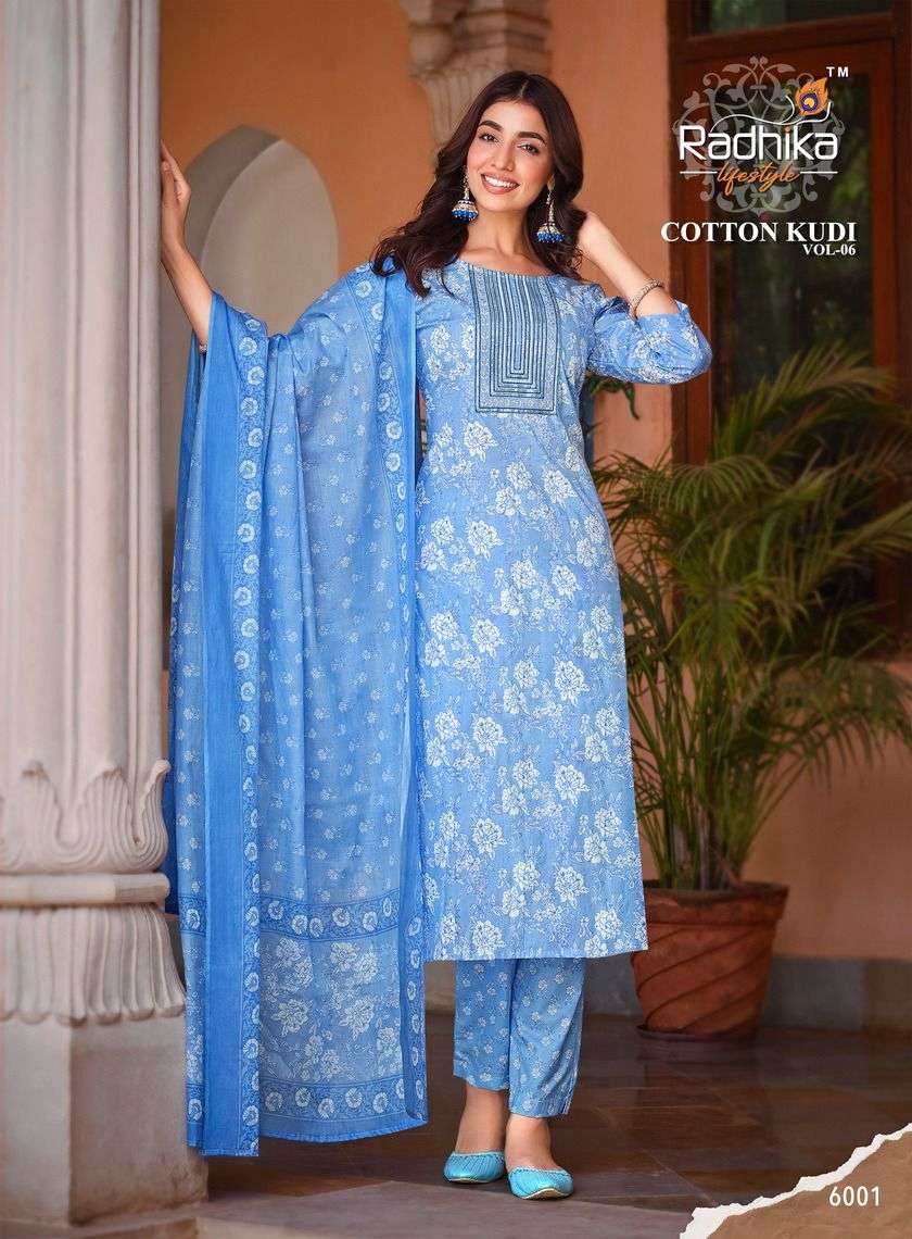 radika lifestyle cotton kudi vol 6 series 6001 to 6008 kurtie with pant and duppta readymade cotton staright suits collection in affordable price 