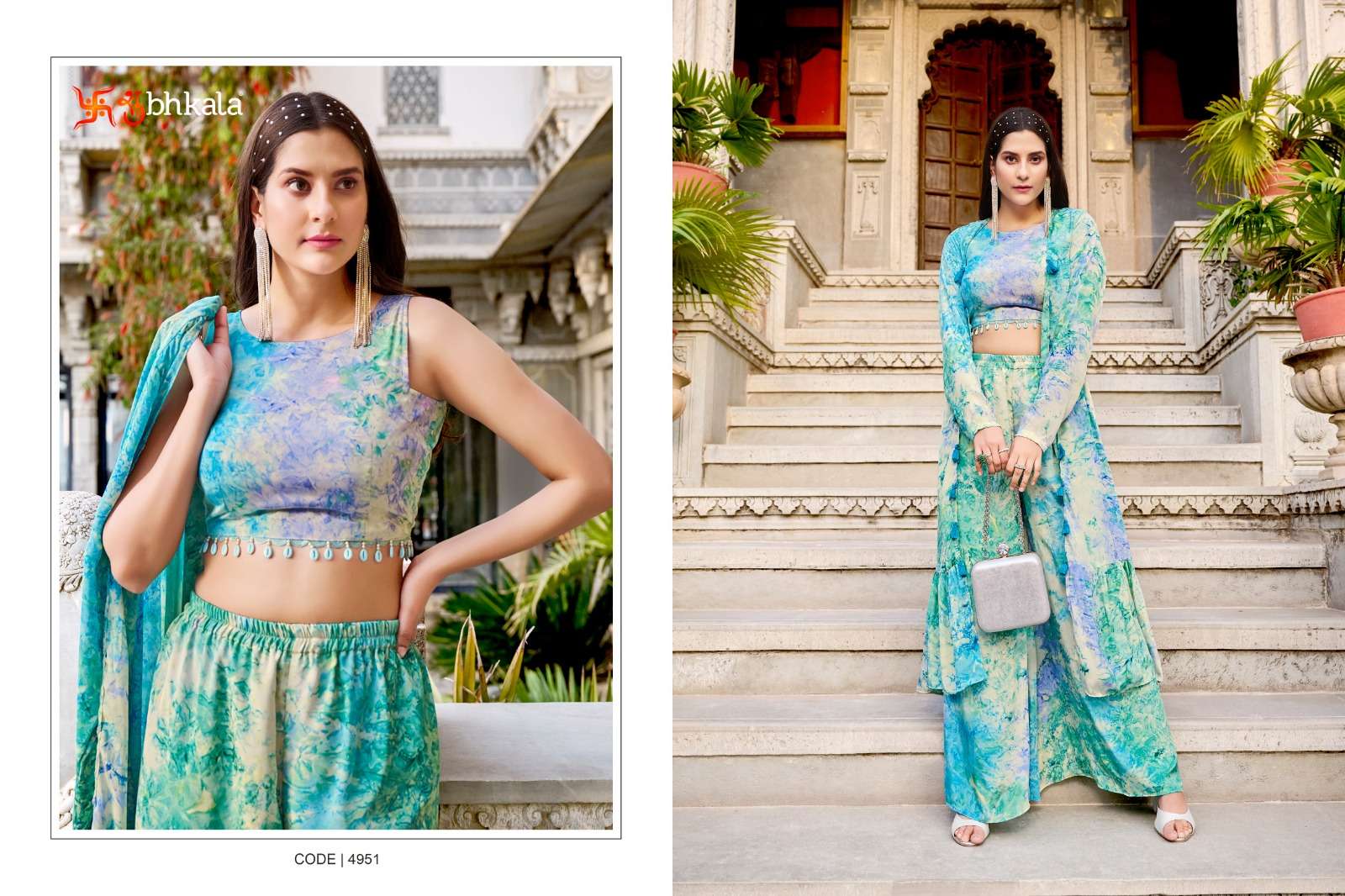 shubhakla catalogue flory vol 39 series 4951 to 4954 stylish girlish crop top with pant and jacket stylish girlish comfy partywear indowestern collection coord set plazo 