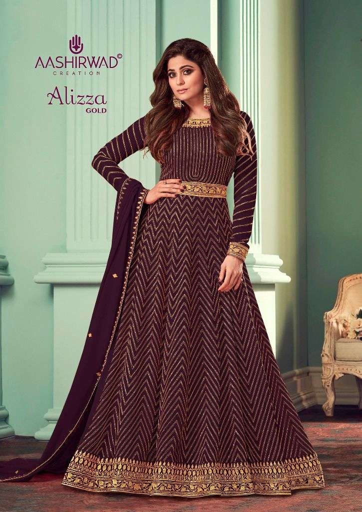 aashirwaad creation catalogue alizza gold series 8529 fully stiched anarkali partwear full embroidery readymade suits 