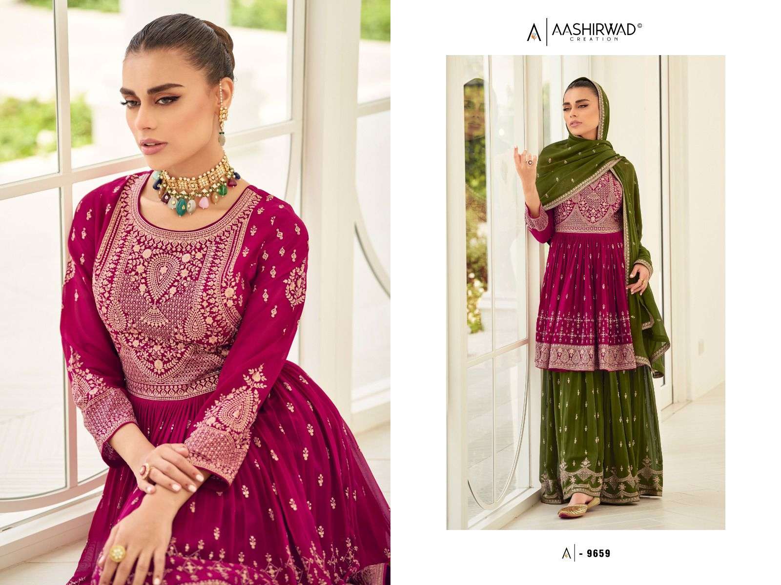 aashirwaad creation catalogue somya series 9659 to 9663 sharara contract top and bottom pant heavy embroidery partywear designer sharara suit catalogue brand collection