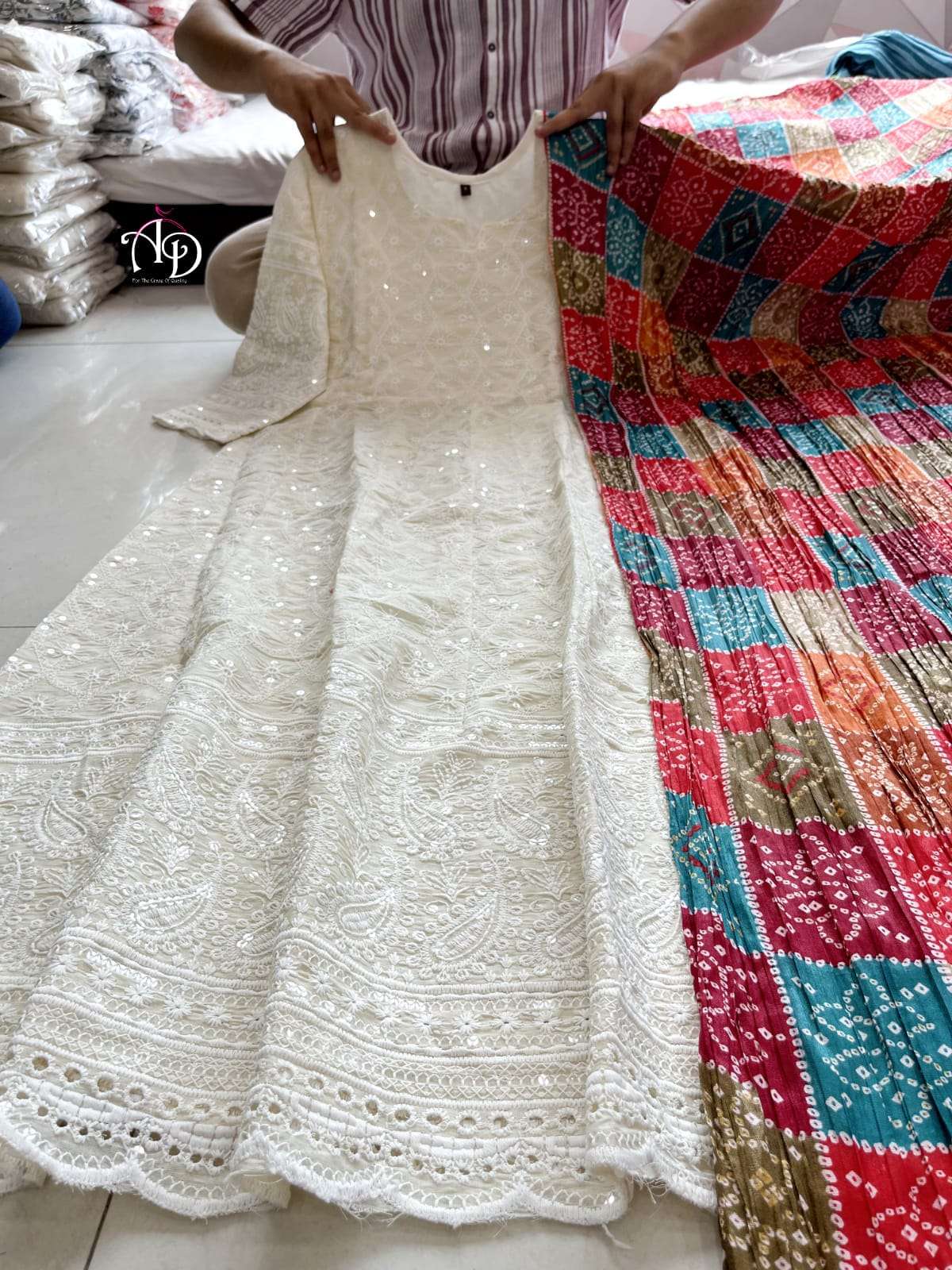 beautifull chickankari lucknavi work gown with heavy duppta white chikankari lucknavi work gown with multi colour duppta