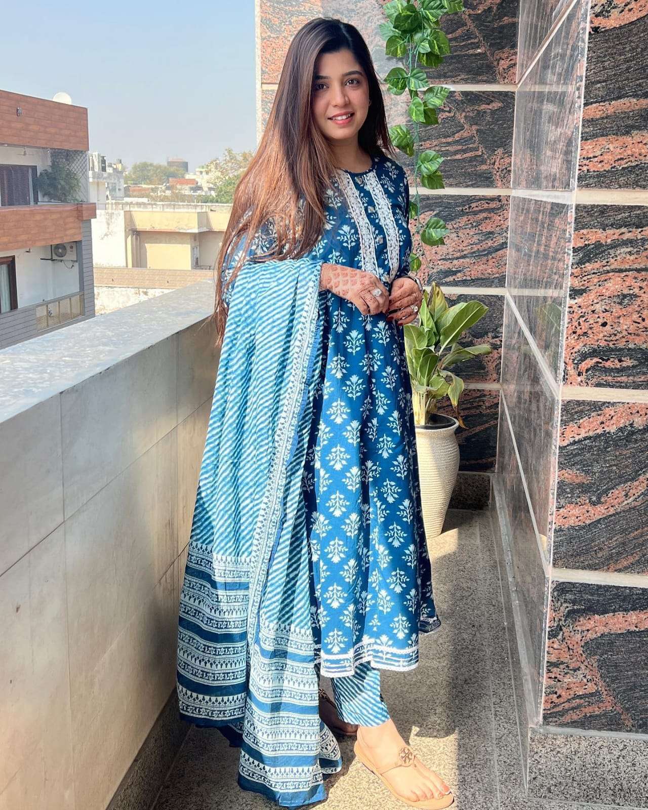 casual and comfortable printed cotton anarkali suit set full anarkali kurta with pant with duppta blue indigo floral printed readymade cotton dress 