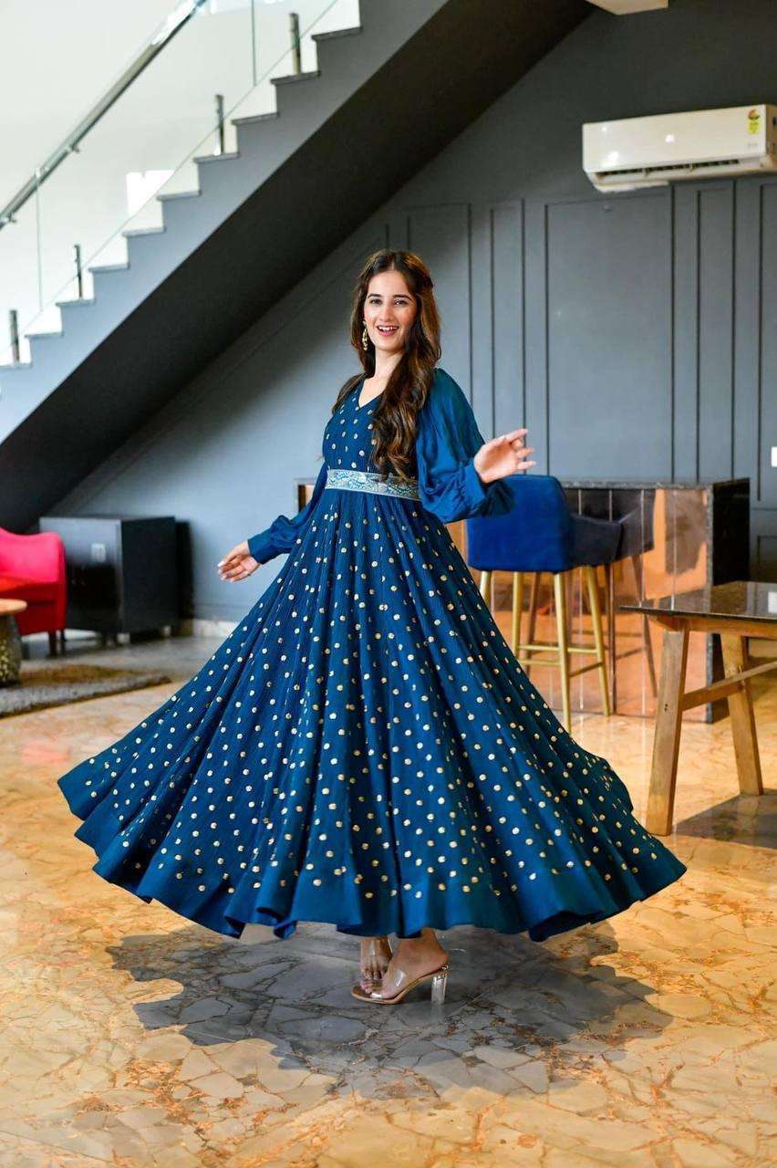 crush embroidery blue shade stylish gown with belt full flair gown with belt in affordable price 