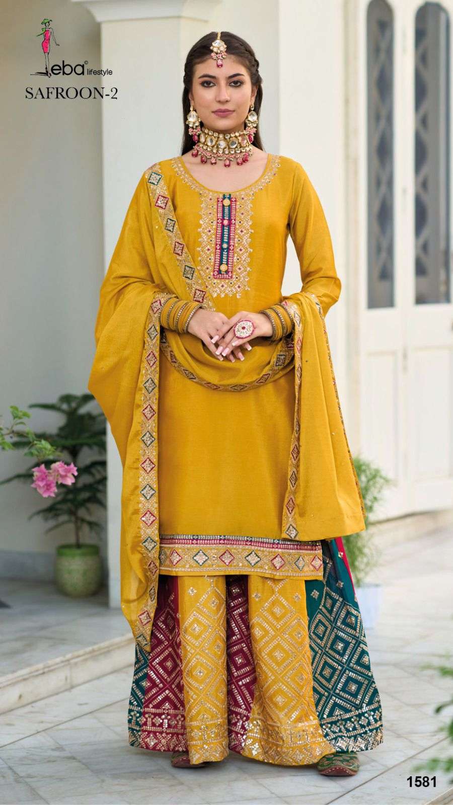 eba lifestyle catalogue safroon 2 series 1581 to 1583 sharara suit with heavy embroidery partywear designer 3 colours different colour one sharara suit 